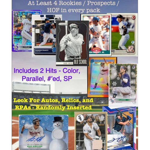 MLB Baseball Mystery Hot Pack - 15 Cards with 4 Rookies/HoFs and 2 Hits - Look for Autos and Relics