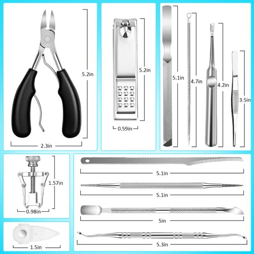 Modacraft 11PCS Ingrown Toenail Removal Kit, Effective Ingrown Toenail Treatment with Toenail Clippers for Thick Toenails, Ingrown Toenail Corrector and Other Predicure Tools Kit for Feet and Hand