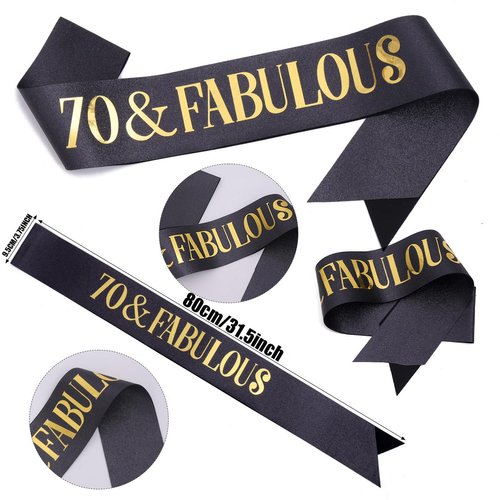 "70 & Fabulous"Sash & Rhinestone Tiara Set, Black Gold 70th Birthday Gifts for Women, Birthday Sash/Tiara for Women's 70th Birthday Party Decoration (Black 70th)