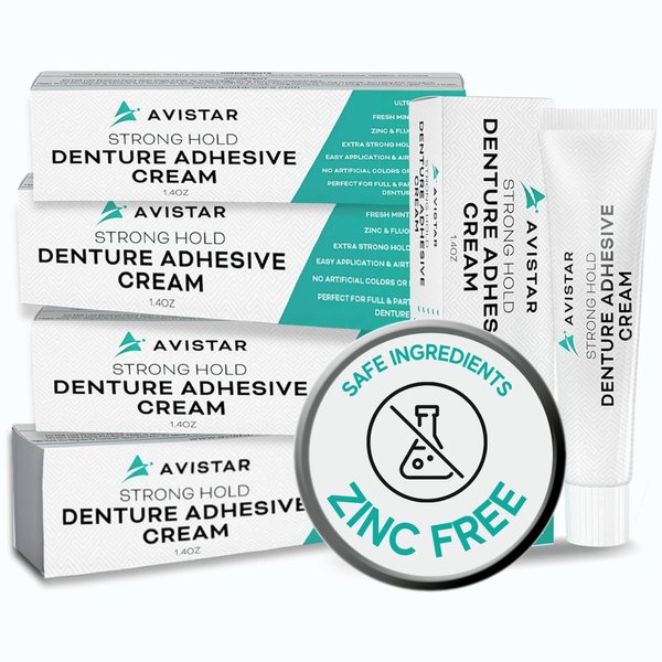 Extra Strong Denture Adhesive Cream, 12 Hour Hold Dental Glue, Waterproof, Zinc & Fluoride Free, Easy Apply Nozzle, Seals Food Out for Comfort, Mint Flavor (5 Pack, 7 Fl Oz)