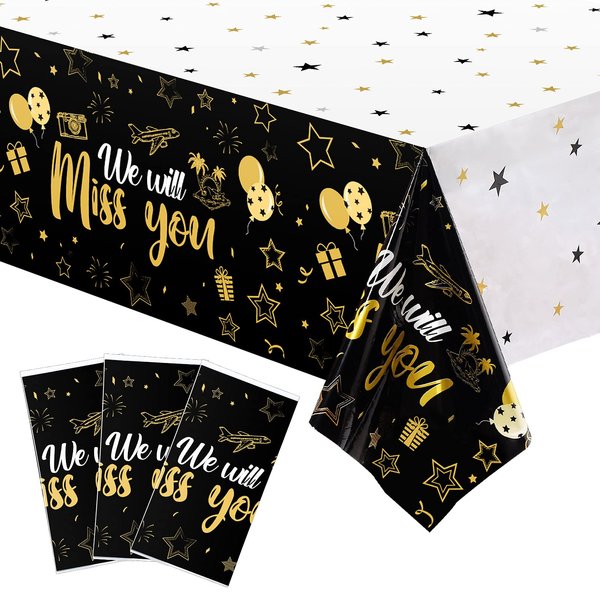 3 Pieces We Will Miss You Tablecloth Going Away Party Decorations Retirement Themed Table Cover Stars Disposable Plastic Table Cloth for Farewell Anniversary Party Supplies (Black and Gold)