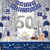 50th Birthday Decorations Men Blue and Silver, 50th Birthday Party Decorations Women, Happy Birthday Banner 50th Birthday Balloons for Him Her Tablecloth Fringe Curtains Swirls Bday Party Supplies