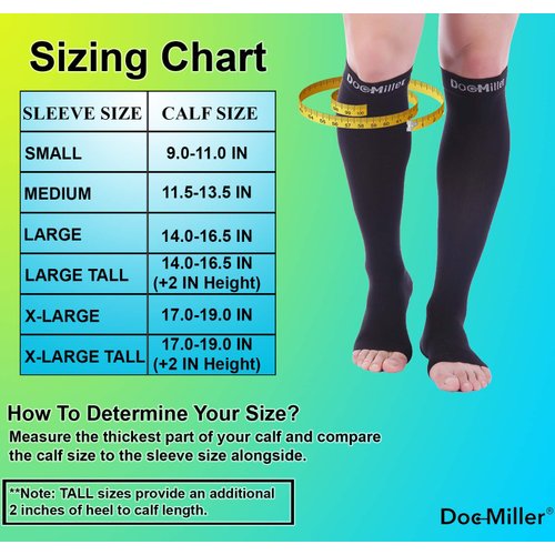 Doc Miller Open Toe Compression Socks, 15-20 mmHg, Toeless Compression Socks Women and Men for Maternity, Shin Splints & Calf Recovery, 1 Pair Black Knee High Medium