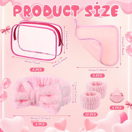 Hoteam 36 Pieces Spa Sleepover Party Supplies Makeup Party Supplies 6 Spa Headband 6 Wristband 6 Velvet Scrunchies 6 Makeup Remover Cloth 6 Powder Puffs 6 Clear Cosmetic Bags for Skincare, Makeup