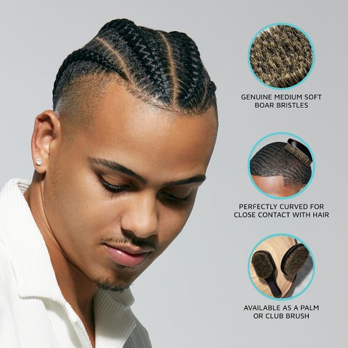 KISS COLORS & CARE 360° Power Wave Palm Brush - Medium Soft, Curved Handle, High-Density Boar Bristles for Deep Waves, Shed-Free Grip