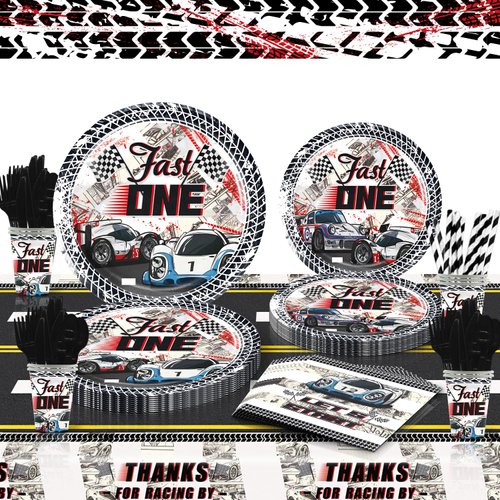 Mpanwen Fast One Party Supplies for 1 Year Old Boy, 202 Pcs Race Car Party Decorations for Boys Baby - Table Cover, Plates, Cups, Napkins, Utensils, Serves 25 Guests