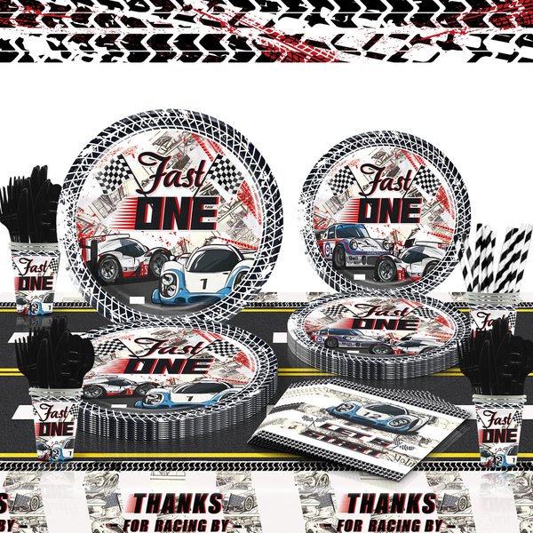 Mpanwen Fast One Party Supplies for 1 Year Old Boy, 202 Pcs Race Car Party Decorations for Boys Baby - Table Cover, Plates, Cups, Napkins, Utensils, Serves 25 Guests