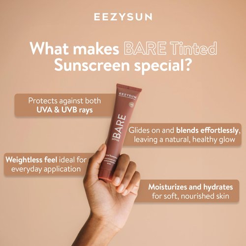 EEZYSUN BARE Tinted Sunscreen SPF 50 – Non-Greasy, Water-Resistant, Vegan & Reef-Safe with Hyaluronic Acid & Jojoba Oil – 1.69 fl oz – Deep