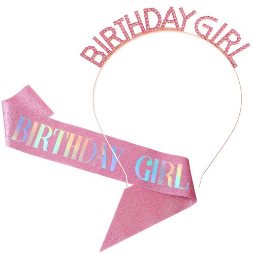 Birthday Crowns Pink Sash & Tiara Set Princess Rhinestone Headband Sash Gifts Sweet Happy Birthday Accessories Glitter Tiara for Women Decorations Wedding Party Favors