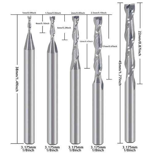 HOZLY CNC Router Bits Set 1/8" Shank CNC Bit End Mill Flat Nose Carbide Endmill Two Flute Spiral Upcut Milling Cutter Tool Set (CED :1mm 1.5mm 2.0mm 2.5mm 3.175mm) for Wood PVC MDF Hardwood
