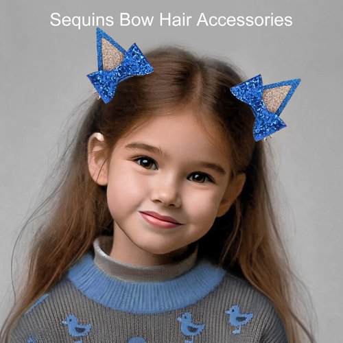 Blue Ears Hair Clips, Kids Glitter Hair Bow Barrettes for Toddler Girls, Ideal present for Birthday Decorations, Halloween Cosplay Accessories, Party Supplies