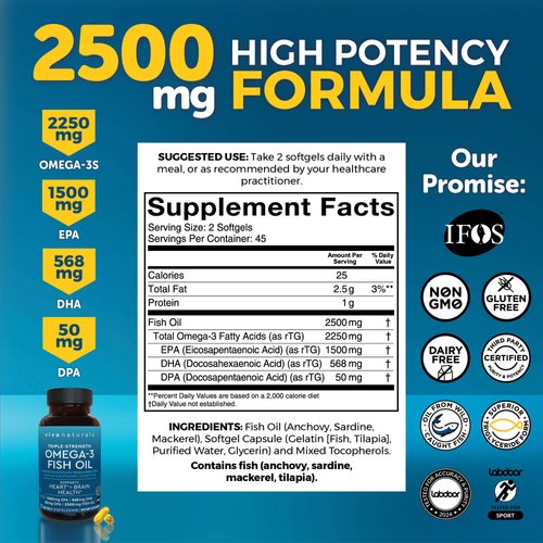 Omega 3 Fatty Acid Supplements - 2500 mg Triple Strength Fish Oil Omega 3 Supplement in Re-Esterified Form - 90 Pescatarian-Friendly DPA DHA EPA Omega 3 Supplement