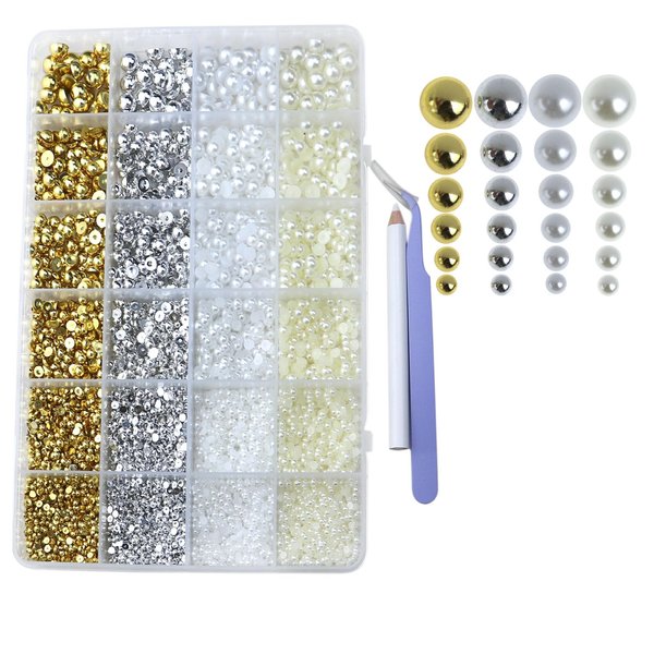 Pearls for Crafting 8000 Pcs Flat Back Nail Pearls 6 Color Half Round Flatback Pearl Beads for Embellishment Face Shoes Small Pearls for DIY Jewelry Phone Nail Charms Making Gold Silver White