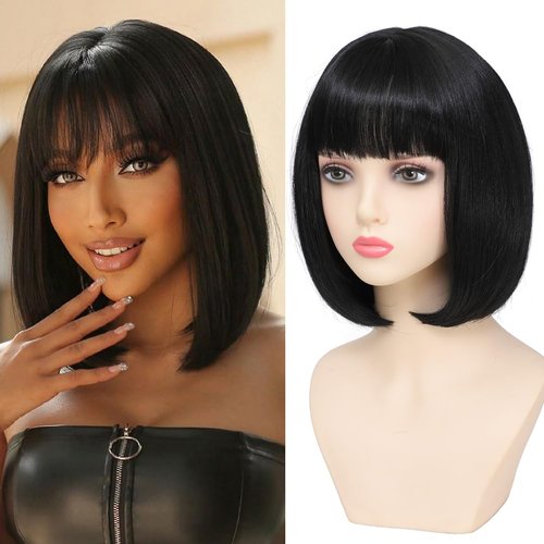 Refined Short Bob Wigs With Bangs 12 inch Straight Synthetic Cosplay Party Wig For Women Daily Use Colorful Hair Wigs (1B, 12 Inch)