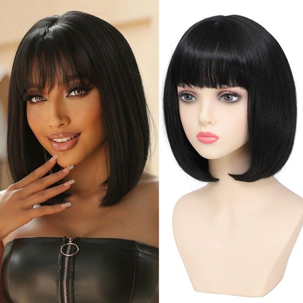 Refined Short Bob Wigs With Bangs 12 inch Straight Synthetic Cosplay Party Wig For Women Daily Use Colorful Hair Wigs (1B, 12 Inch)