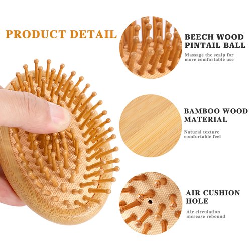 Bamboo Massage Comb, Wooden Scalp Massager Wooden Hair Brush Round Portable Bamboo Comb Anti-Static Air Cushion Hairbrush Mini Travel Hair Brush for Women and Men, No Handle Design