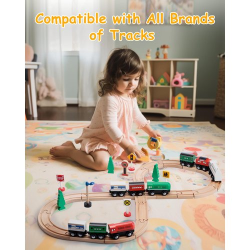 SainSmart Jr. 9 Pcs Wooden Train Set Magnetic Train Toys for Toddlers Kids Engine Vehicles Toy Train Cars for Boys Girls Compatible with Train Tracks
