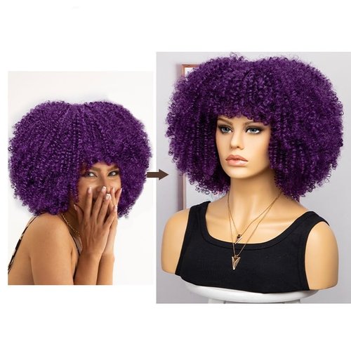 JORCEDI Fashion Afro Curly Wig Synthetic Short Full Wig Women Wig For Party Cosplay Daily Use (Dark Purple)