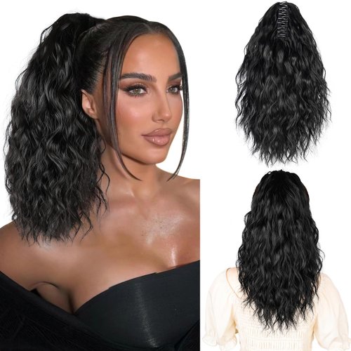 MAYSA Ponytail Hair Extension, 14 Inch Claw Clip Ponytail Extension, Wavy Curly Claw Clip in Ponytail Hair Extensions, Natural Fake Ponytail Synthetic Hairpiece for Women #1B