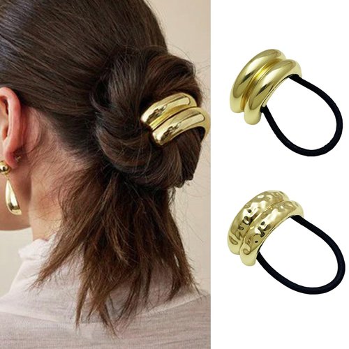 Hair Tie for Women, Metal Ponytail Hair Cuff, Gold Silver Hair Cuff, Gold Arc Bow Ponytail Cuff M...