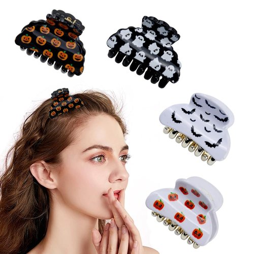 Halloween Hair Accessories Set - Mini Black Ghost Floral Hairpins, Hair Claw Clips, Non-Slip Clamps, Bat Decorations for Women Girls Party (4Pcs)