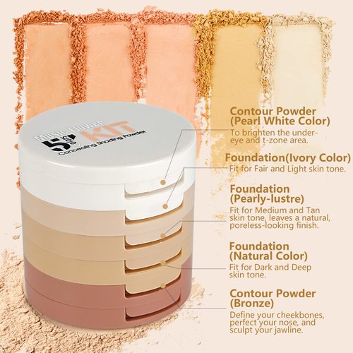 FantasyDay 5 Colors Long-Lasting Lightweight Multi-layer Matte Loose Setting Powder Pressed Face Makeup Concealing Shading Powder Foundation for All Skin Tones, Minimizes Fine Lines & Imperfections
