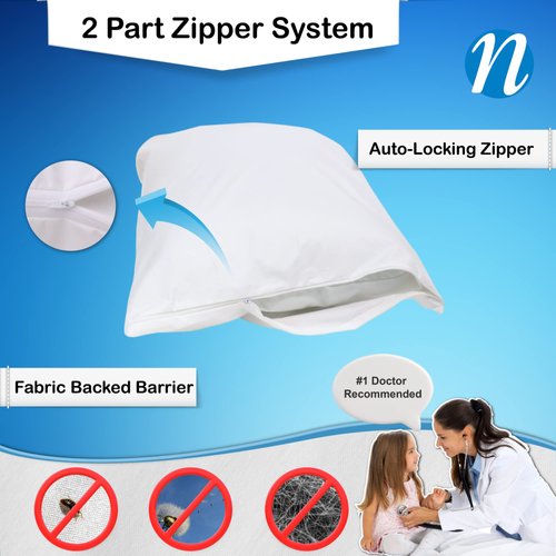National Allergy Premium 100% Cotton Zippered Pillow Protector - Queen Size - White - 2 Pack - 300 Thread Count - Hypoallergenic Bed Pillowcase with Zipper - Breathable Encasement Cover