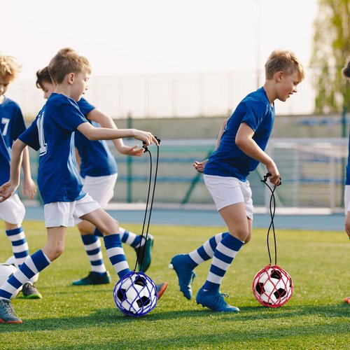 Outus 4 Pcs Kids Soccer Ball Trainer Soccer Juggle Kick Trainer Solo Handle Throw Adjustable Locked Net Bungee Elastic Soccer Ball Net Kicker for Youth Adults Training Equipment, 4 Color Size 3 4 5