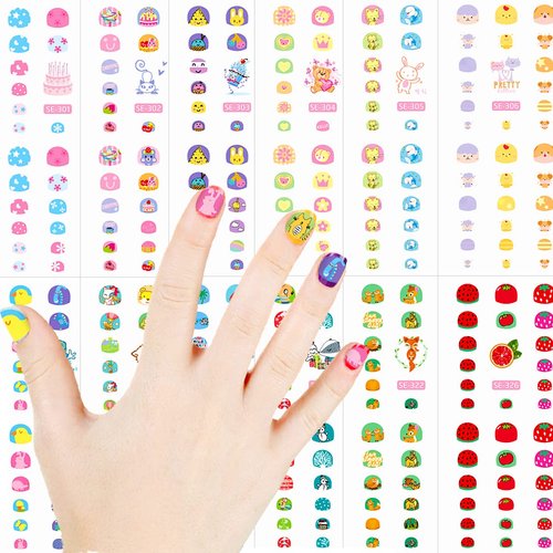 Aniuvot Kids Nail Stickers Decals for Little Girls Birthday Party Favors 12 Sheets, Children Cartoon Animal Nail Manicure Decoration - Cat, Rabbit, Cake, Bear, Fox, Snowman, Strawberry Styles