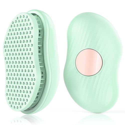 Hair Brushes for Women, One-Key Self-Cleaning Hair Brush Easy-to-Clean with One-Button Operation Round Head Massage Retractable Bristle Hairbrush for Effortless Hair Removal and Cleaning（Green)