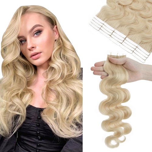 Hairro Tape in Hair Extensions 100% Human Hair 18 Inch Long Body Wave 50g 20pcs/pack #60 Platinum Blonde Thin Silky Seamless Skin Weft Glue in Wavy Human Hairpieces