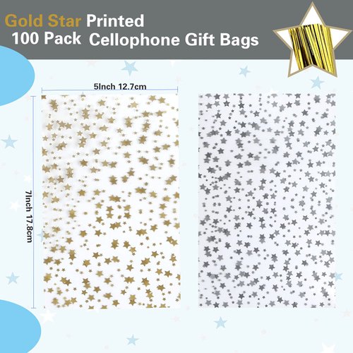 COQOFA 100 Pcs Star Printed 5"X 7" Gift Wrap Cello Cellophane Treat Bags Party Favor bags Clear Candy Cookie Bags Plastic Poly Goodie Storage Bags with Twist Ties for Bakery,Birthday, Wedding ,Party Decorations (Gold)