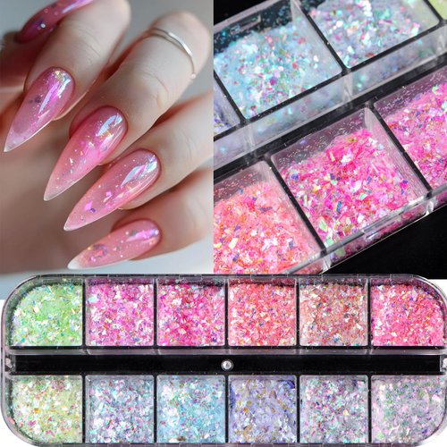 12 Colors Mermaid Flake Nail Glitter Sequins, KEHKFSEF Iridescent Ice Slag Nail Glitter Irregular Colorful Mermaid Nail Flakes Confetti Stickers Chunky Glitter for Nails Face Make-Up Beauty Decoration