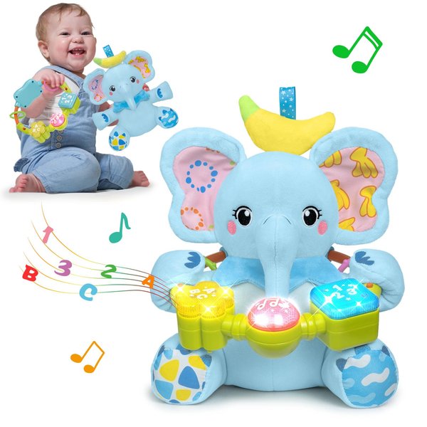 Holaxander Baby Elephant Musical Stuffed Animals Toy with Light-Up Music & Crinkle Sound Paper,Infant Bilingual Early Learning Education Toys,Tummy Time Toys for 0-3-6-12+ Months Boy Girl, Blue