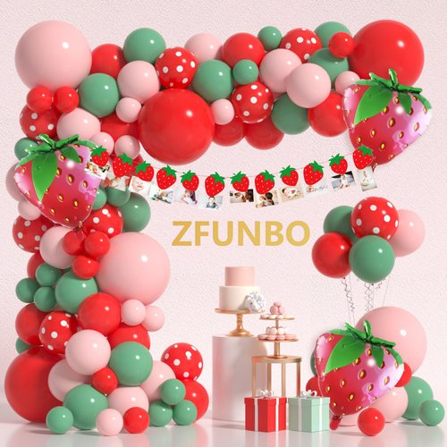 ZFUNBO Strawberry Balloon Arch Kit Berry First Sweet One Birthday Party Decorations with Red Pink Sage Green Polka Dot Baby Shower Garland Supplies Strawberry Foil Balloons Banner for Girl Decor