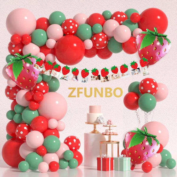 ZFUNBO Strawberry Balloon Arch Kit Berry First Sweet One Birthday Party Decorations with Red Pink Sage Green Polka Dot Baby Shower Garland Supplies Strawberry Foil Balloons Banner for Girl Decor