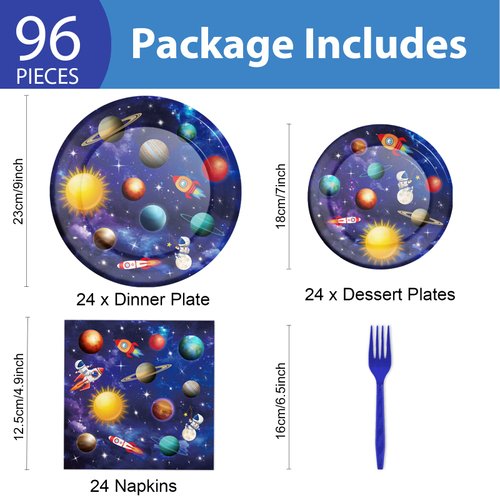 24 Guests Space Theme Party Supplies Outer Space Birthday Party Decorations Galaxy Party Tableware Set Planet Solar System Dessert Plates Napkins Forks for Kids Boys Party Favors 96 Pcs