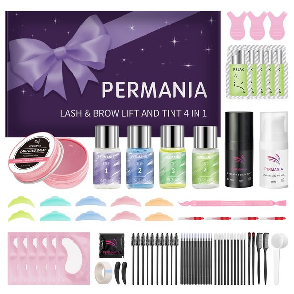 PERMANIA Lash Perm and Black Kit,Salon Grade Supplies for Eyelash Lift and Brow Lamination Black Ti-nt with Lash Lift Balm 4 IN 1 Fast Quick Curling & Coloring Natural Result Hair Color Developers