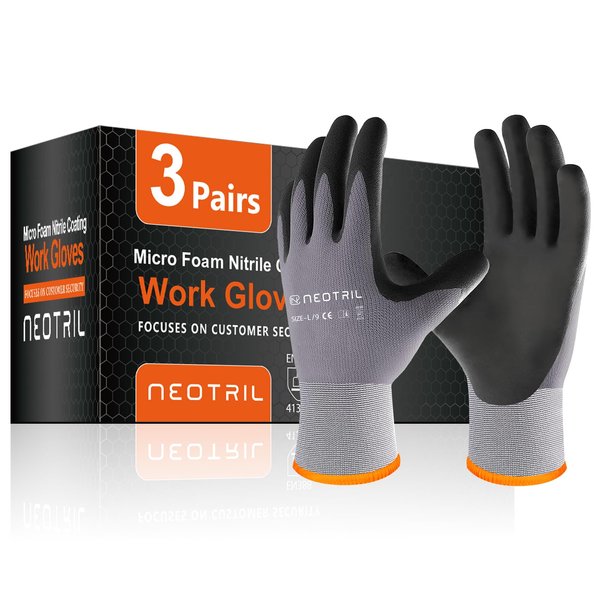 NEOTRIL Safety Work Gloves MicroFoam Nitrile Coated-3 Pairs, Seamless Knit Nylon Bulk Pack Working Gloves with Grip for Men Women Light Duty Work,Automotive,Warehouse (Gray,L)