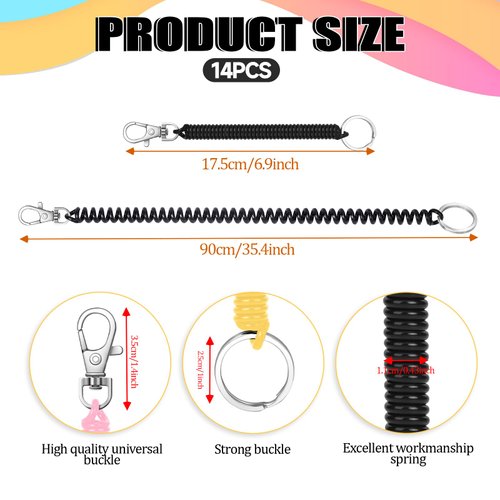 Mozeat Lens 14PCS Spiral Retractable Spring Coil Keychain Retractable Coil Springs Keychains with Lobster Clasp, Spring Coil Leash Cord Safety Ropes for Keys Wallet Cellphone, 7 Colors