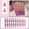 Glitter French Tip Press on Nails Long Square Fake Nails Purple Glitter Tip Design Artificial Nails Frosted Pink Glue on Nails Coffin False Nails Reusable Stick on Nails Acrylic Nails for Women 24Pcs