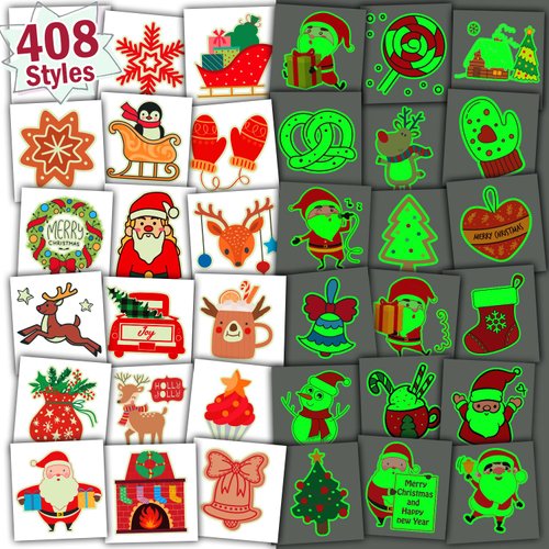 Partywind 408 PCS Glow Kids Christmas Tattoos for Party Supplies, Christmas Stocking Stuffers for Boys Girls Party Decorations, Xmas Holiday Goodie Bag Fillers (Individually Wrapped Sheets)