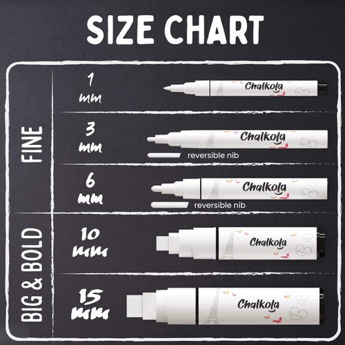 Chalkola 5 White Chalk Markers for Chalkboard Signs, Blackboard, Car Window, Bistro, Glass | 5 Variety Pack - Thin, Fine Tip, Bold & Jumbo Size Erasable Liquid Chalk Pens (1mm, 3mm, 6mm, 10mm, 15mm)