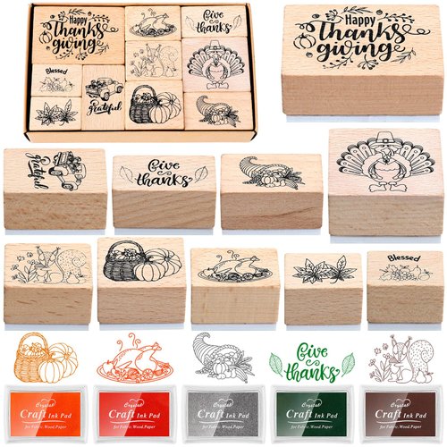 15 Pieces Thanksgiving Wooden Rubber Stamps and Craft Ink Pads Wooden Rubber Stamp for Scrapbooking and DIY Craft Card Stamps Pads for Kids Stamps, Paper, Wood Fabric Thanksgiving Holiday Stamps