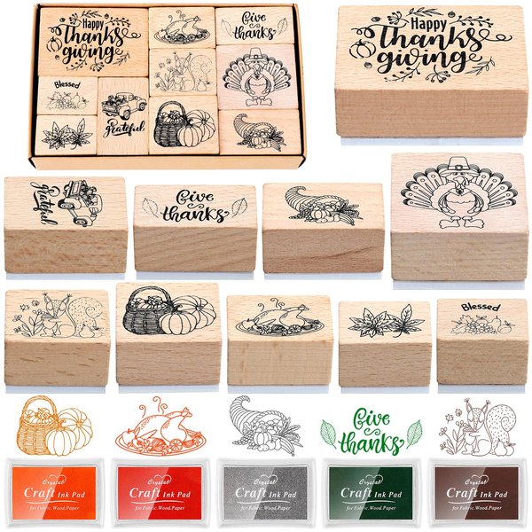 15 Pieces Thanksgiving Wooden Rubber Stamps and Craft Ink Pads Wooden Rubber Stamp for Scrapbooking and DIY Craft Card Stamps Pads for Kids Stamps, Paper, Wood Fabric Thanksgiving Holiday Stamps