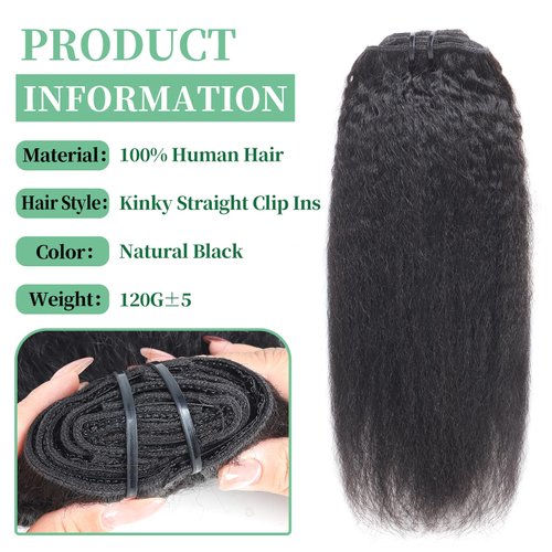 Kinky Straight Clip In Hair Extensions Real Human Hair Clip Ins Seamless Yaki 100% Brazilian Remy Human Hair Clip In Hair Extensions For Black Women Natural Black Color Double Weft 18inch 8pcs 120g