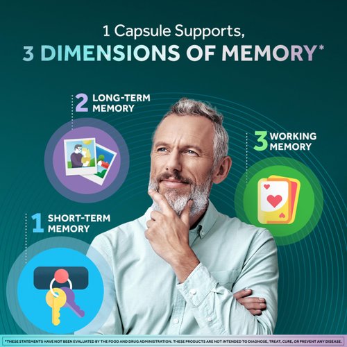 NEURIVA Memory 3D Brain Supplement - Decaffeinated Nootropic Capsules for Memory, Focus, & Cognitive Function - Short Term, Long Term, & Working Memory Support - 50ct