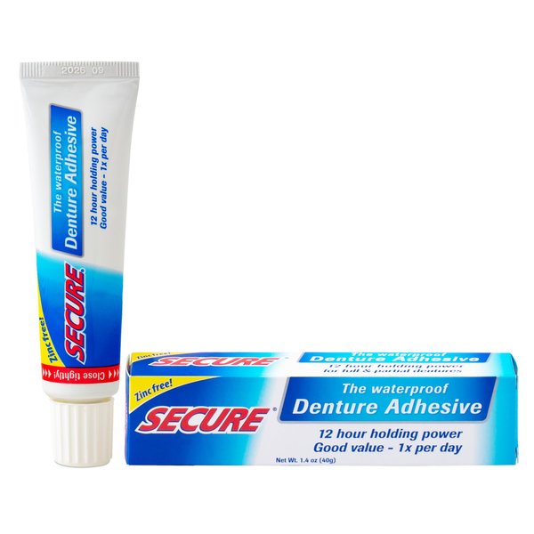 Secure Waterproof Denture Adhesive - Zinc Free - Extra Strong Hold For Upper, Lower or Partials - 1.4 oz