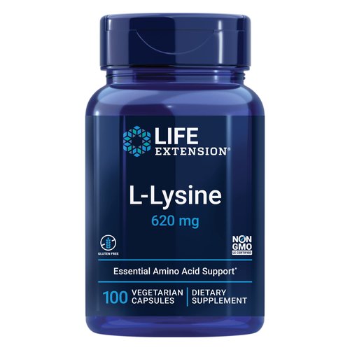 Life Extension L-Lysine, 620 mg, Essential Amino Acid for Healthy nitrogen Balance, Calcium Metabolism, Stress Response & More, Gluten-Free, Non-GMO, Vegetarian, 100 Capsules