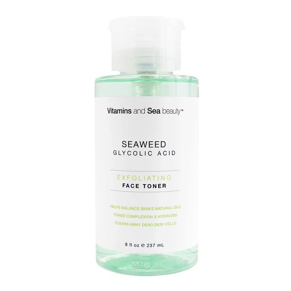 Vitamins and Sea Beauty, Exfoliating Face Toner with Glycolic Acid and Seaweed, Oil Control Facial PH Balancing Dead Skin Pore Minimizer, All Skin Types, 8 Fl Oz